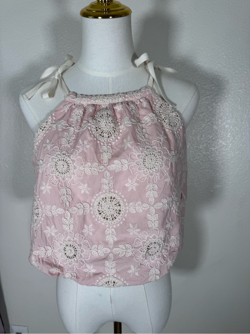 Greylin Blush Pink Lace-Trim Cropped Halter Top